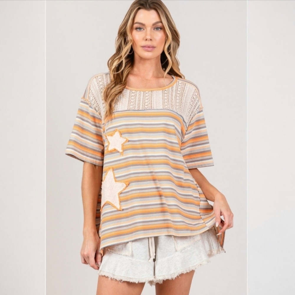 SAGE&FIG Striped StayAppliqué Short Sleeve Top - Cream,blue & Orange Oversized L